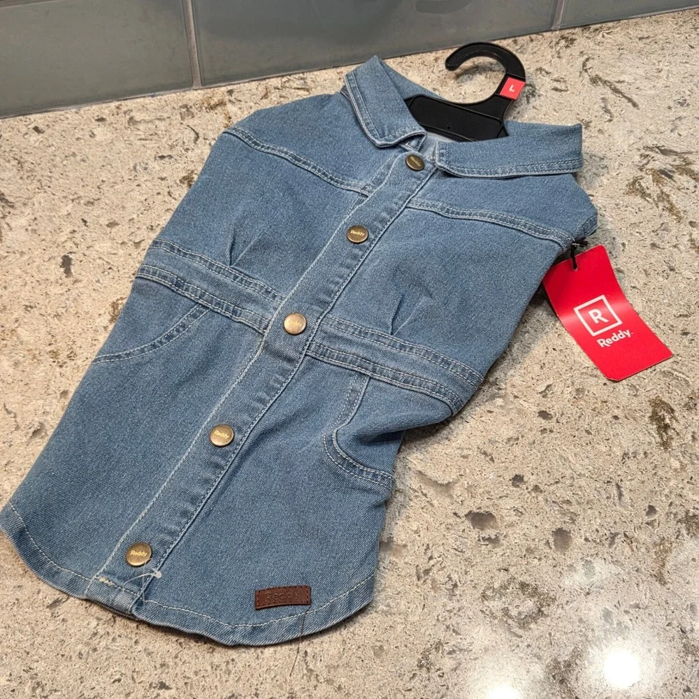 Reddy Blue Denim Dog Dress Large NWT Recycled Material Collared Blue Jean